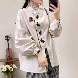 日系森系木耳立领棉麻衬衫女秋季新款刺绣门襟减龄百搭灯笼袖上衣
