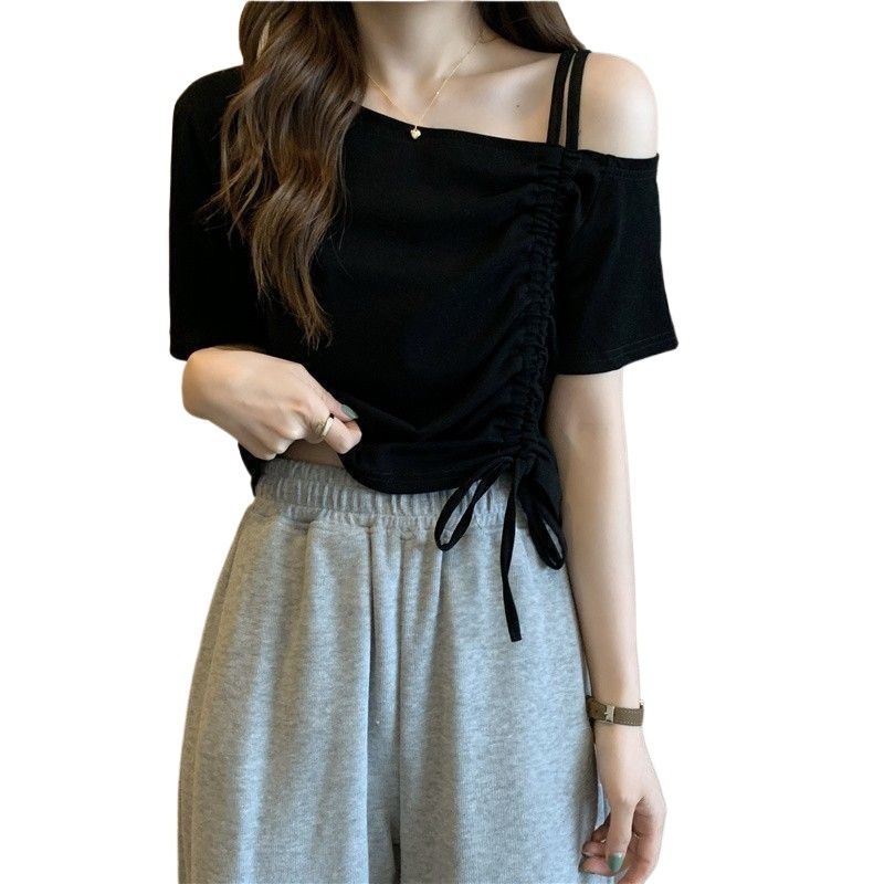 フレンチワンショルダー オフショルダー 半袖 Tシャツ レディース 夏デザイン ニッチ ユニーク シック ショート ドローストリング トップ|undefined