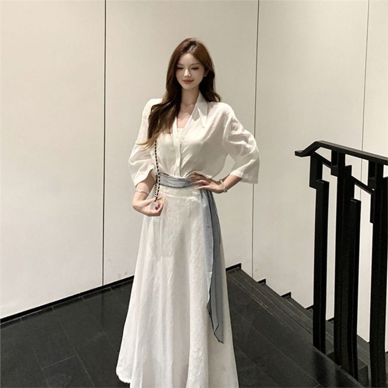 気質白ポロカラー半袖シャツトップ女性の夏のファッションスーツハイウエストスカートロングスカート 2 点セット|undefined