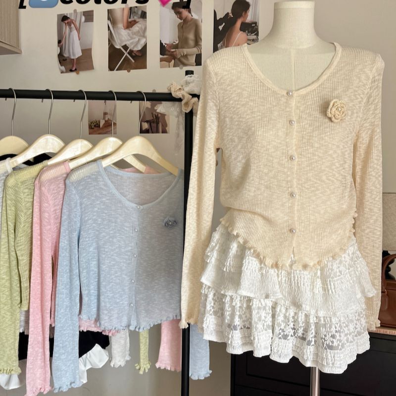 Auriculata Flower Knitted Cardigan Women's Spring and Summer New Style Short Temperament Air-conditioning Shirt Thin Micro-transparent Slim-fit Small Top