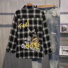 BEASTER小恶魔鬼脸格纹长袖衬衫2021春季国潮宽松格子衬衣男外套