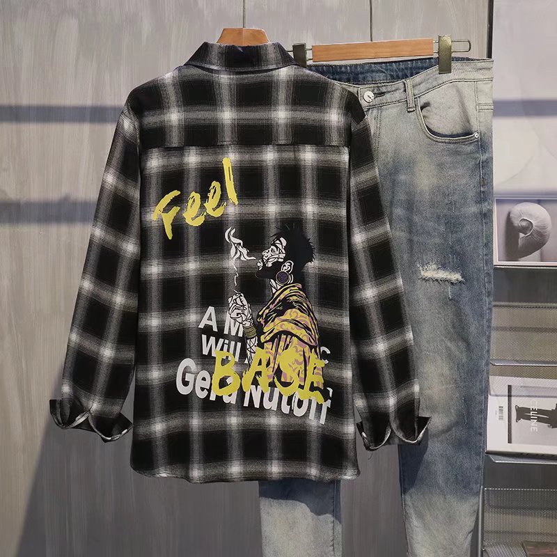BEASTER小恶魔鬼脸格纹长袖衬衫2021春季国潮宽松格子衬衣男外套