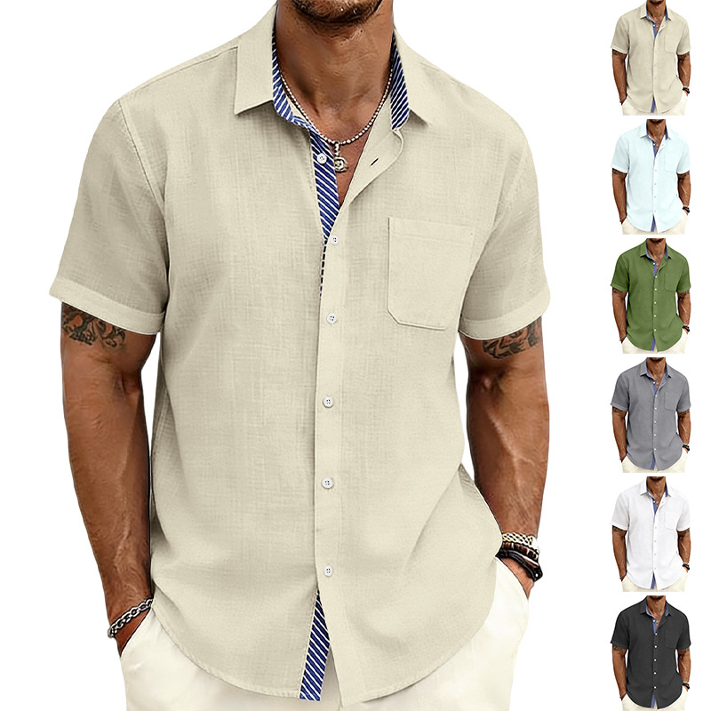 Verano europeo y americano nuevo hombre revestimiento a rayas de manga corta camisa de comercio exterior exterior casual europea americana