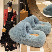 2025秋冬新款厚底外穿毛毛拖鞋女一字家居毛绒拖鞋外贸露趾棉拖鞋