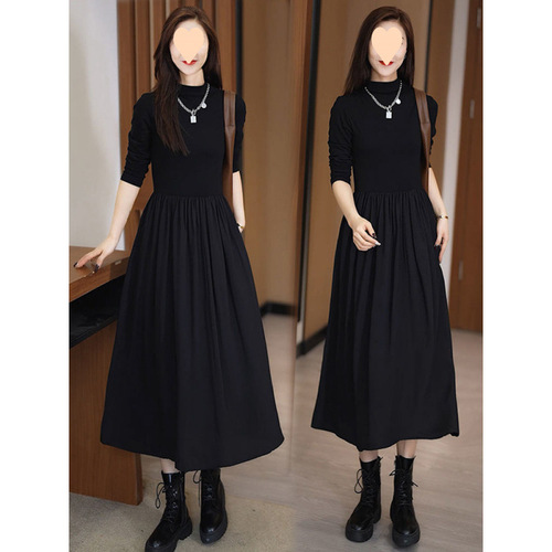 Hepburn style semi-high-neck dress for women's spring and summer new style slimming long-sleeved temperament French over-the-knee base dress