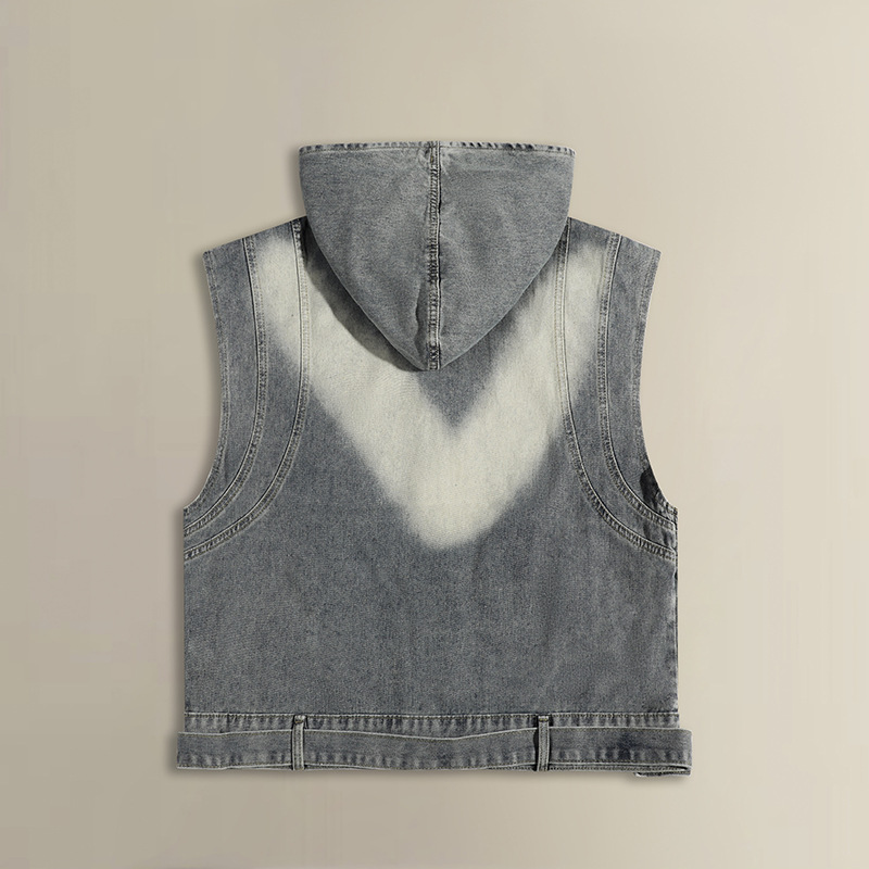 Comercio exterior chaleco de vaqueros con capuchón hombre y mujer primavera y otoño chaleco corto de tamaño grande con sombrero casual con hombros sin mangas