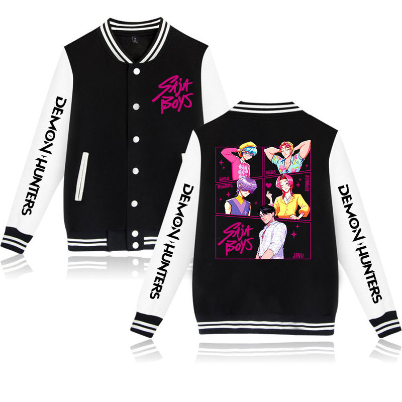 KPop Demon Hunters亚马逊速卖通2D烫画棒球服黑白撞色开衫外套|undefined