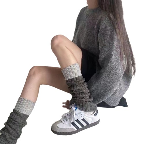 Knitted socks autumn and winter gray wool color-blocked socks leg covers simple and versatile warm socks covers calf socks leg covers for women