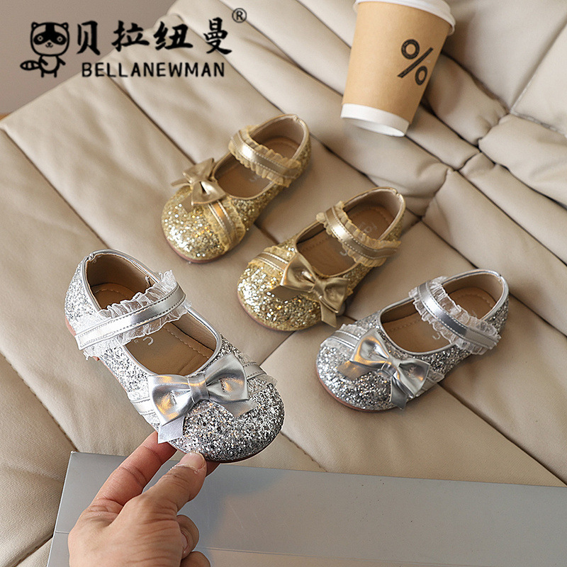 Choice Girls Fashion Sequin Bow Princess Shoes 2025 Spring and Autumn New Korean Style Children Shoes Dance Shoes