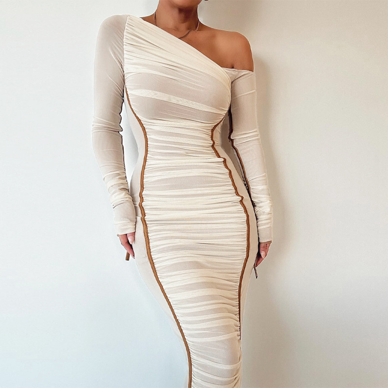 European and American Style Diagonal Collar Mesh Patchwork Long-Sleeve Dress, High-Waisted Slim-Fit Long Dress, Textured Spring and Autumn Women's Clothing