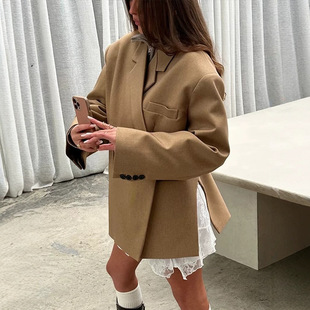 Cross-border women's autumn new European and American leisure suit jacket double-breasted side slit design suit jacket