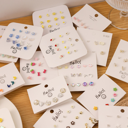 Simple and small silver needle earring set, heart geometric earring combination, cute and sweet, versatile earring accessories for booth wholesale
