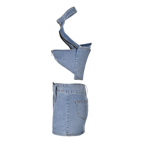 European and American fashionable denim suit summer new hot girl halter neck slim short top and skirt pants two-piece set for women