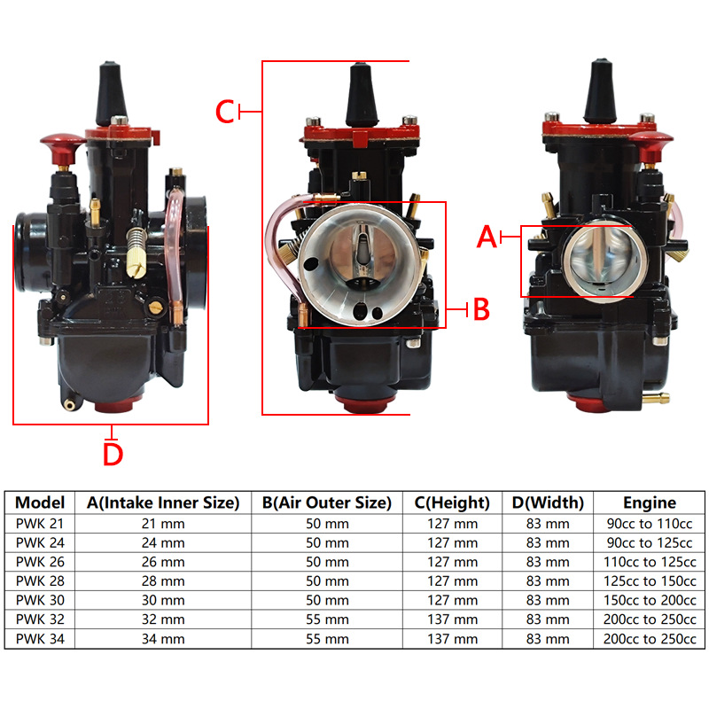 Maikuni Iron Box Motorcycle Pwk Carburetor 21 24 26 28 30 32 34mm Black and Red Painted Model