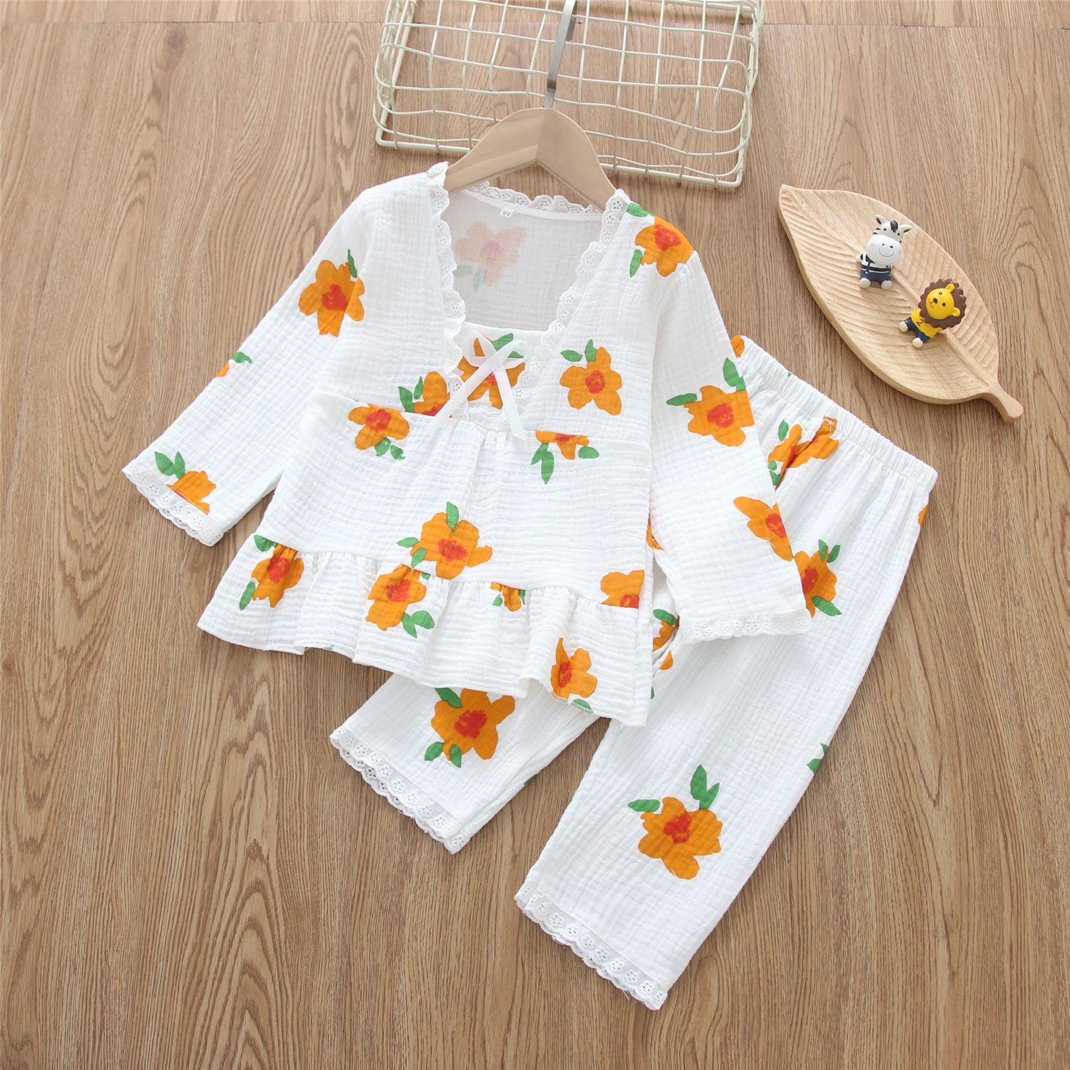 New Children's Cotton Yarn Pajamas Girls' Thin Long-sleeved Trousers Air-conditioning Suit Large Children's Lace Suit Home Clothes for Summer