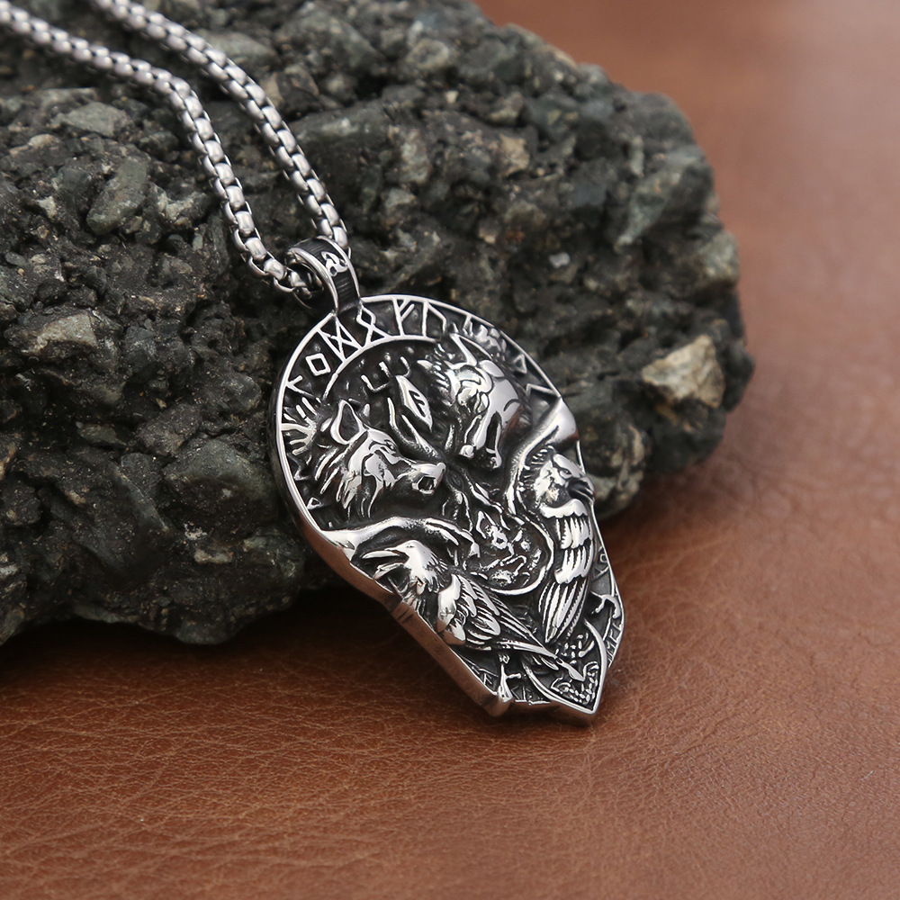 Stainless Necklace Men's Personalized Pendant Viking Double Wolf Titanium Steel Rune Jewelry_voghion.com