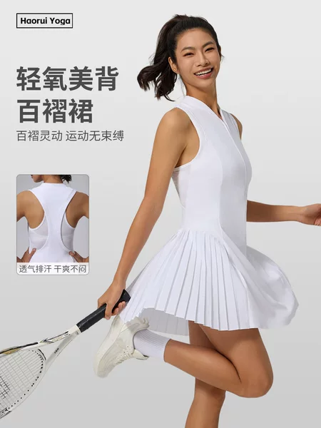 New half-zip V-neck dress for women, suitable for outdoor running, anti-exposure, fitness, sports, pleated skirt, tank top, tennis skirt