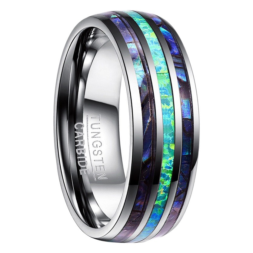 Cúpula pulida de tres ranuras con incrustaciones de concha de abulón + ópalo + concha de abulón para hombres anillo de acero de tungsteno en stock entrega de una pieza