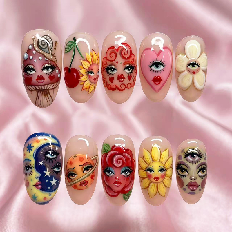 Cross-Border Halloween Retro Quirky Face-Painted Wearable Nails European and American Art Ins Nail Stickers Halloween
