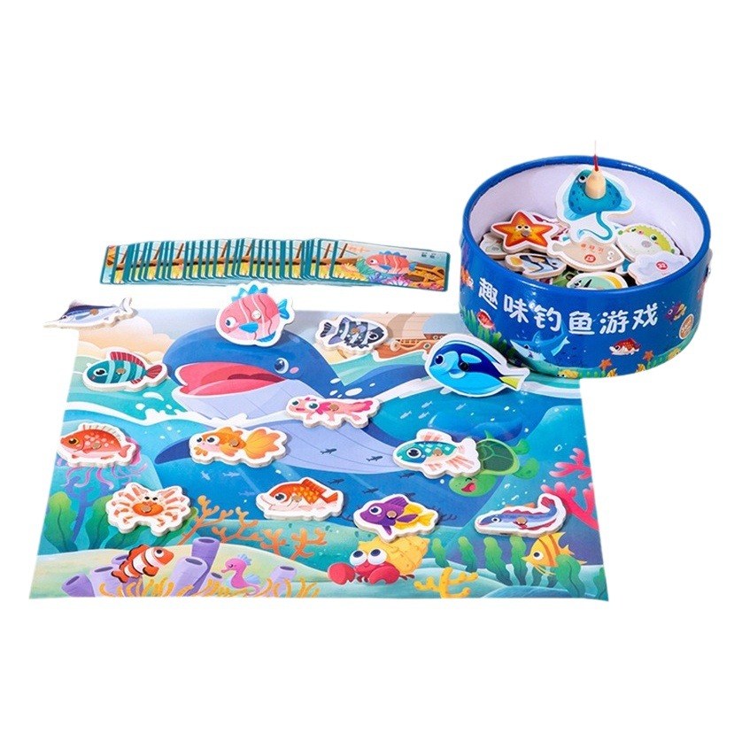 Diversión de madera barril magnético pesca marina juego de cartas juego ejercicio coordinación mano-ojo juguetes educativos