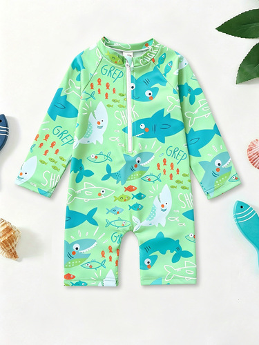 Cross-border children's swim cap, unisex swimwear, one-time dropshipping, shark-themed baby swim suit, wholesale, long-sleeved baby romper swimwear