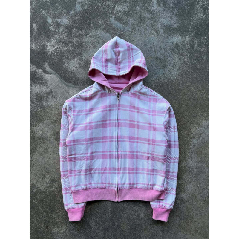 European and American Retro Pink Plaid Double-Sided Reversible Loose Zipper Fashion Casual Trendy Sweatshirt Y2K European and American Retro Pink Plaid Double-Sided Reversible Loose Zipper Fashion Casual Trendy Sweatshirt Y2K