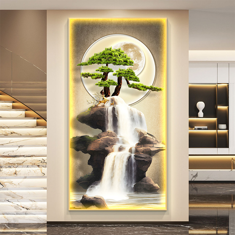轻奢山水玄关装饰画灯画迎客松入户正对门挂画新中式走廊过道壁画|undefined