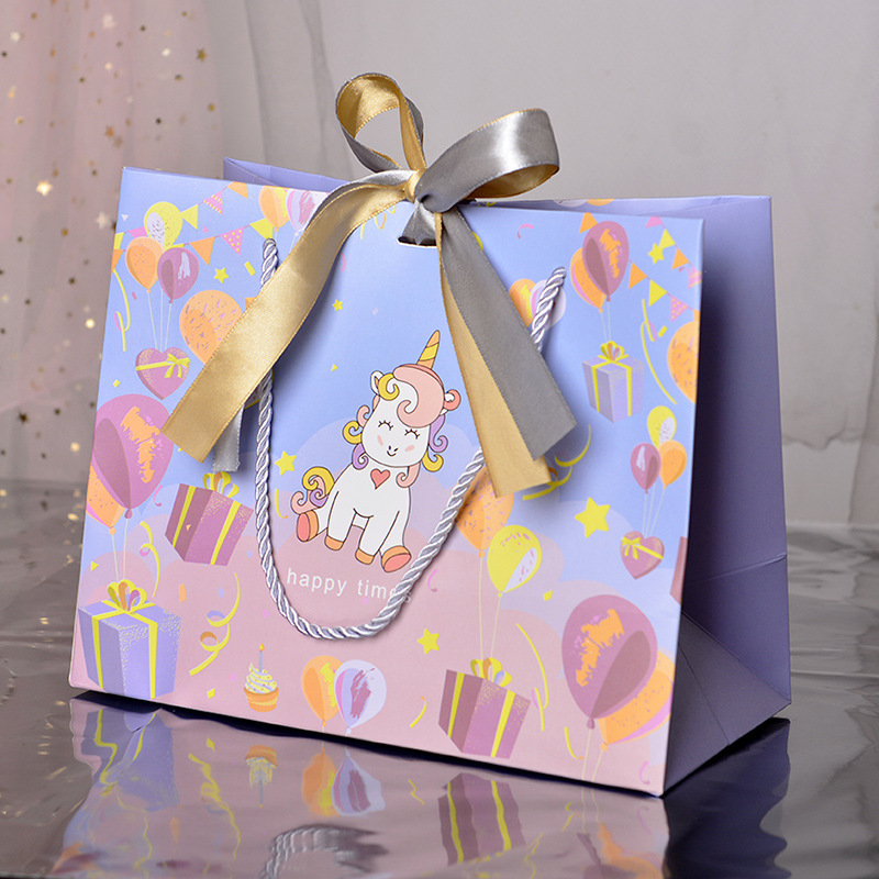 ユニコーンパーティーギフトバッグスナック包装袋とダブルリボン誕生日手提げ袋カラー漫画紙袋スポット|undefined