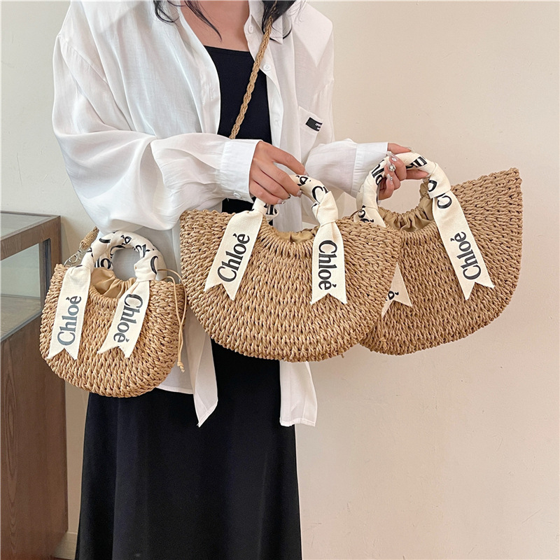 Summer Woven Bag For Women, Niche Design Semi-Circle Straw Bag, Casual Vacation Style Beach Bag, Handbag & Crossbody Bag - Thumbnail 2
