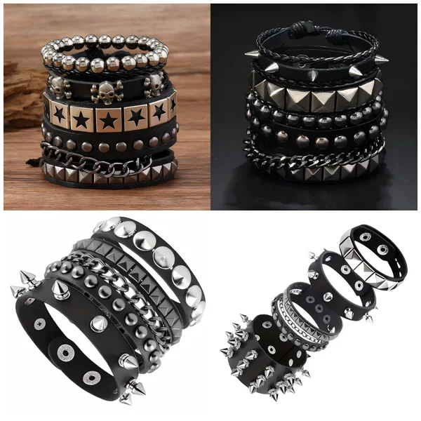 Cross-Border Punk Exaggerated Multi-Circle Bracelet with Tapered Pointed Rivets, Three-Row Leather Bracelet, Dark Rock Skull Bracelet for Men