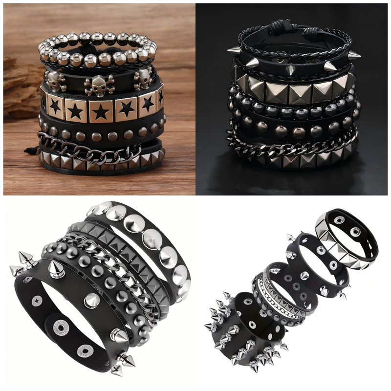 Cross-Border Punk Exaggerated Bracelet with Tapered Pointed Rivets, Three-Row Leather Bracelet, Dark Rock Skull Bracelet