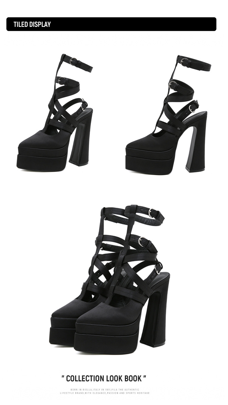 Giày cao gót nữ mũi nhọn satin gót dày đi catwalk — Màu hồng chi tiết 11