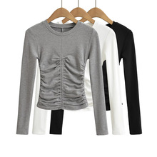 辣妹性感褶皱装饰收腰短款长袖打底衫欧美小众秋冬圆领修身T恤衫