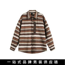 悟俗男装2025秋季新品国潮复古民族风拼色条纹加绒宽松休闲衬衫男