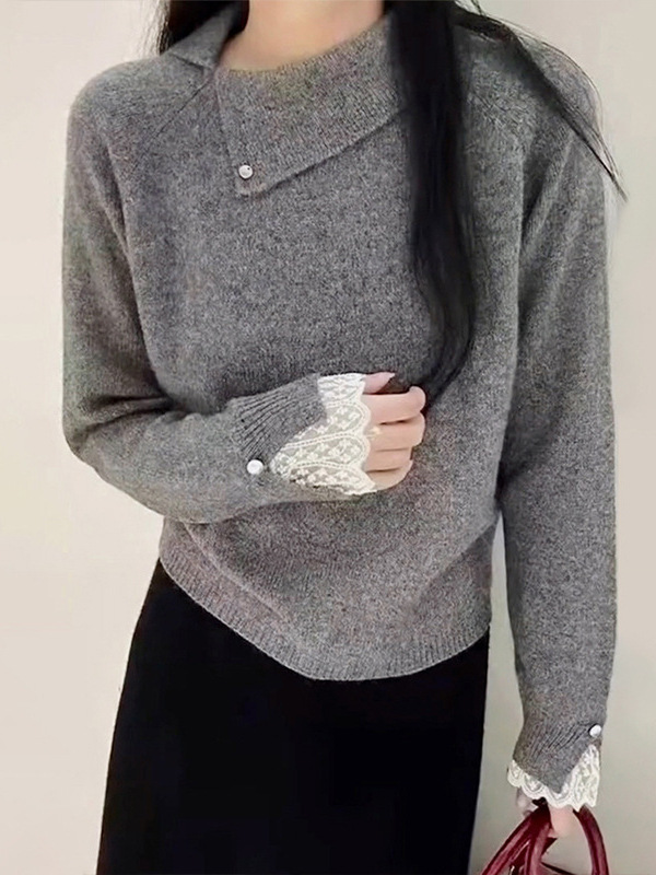 灰色翻领毛衣女春季韩系慵懒高级感加厚蕾丝内搭打底针织衫上衣|undefined
