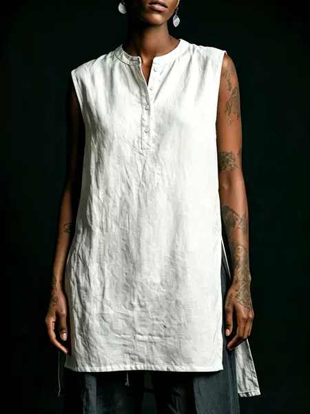 2026 Amazon European and American Cross-Border Women's Clothing Summer Henley Collar Sleeveless Cotton and Linen Top Loose Half-Button Shirt for Women