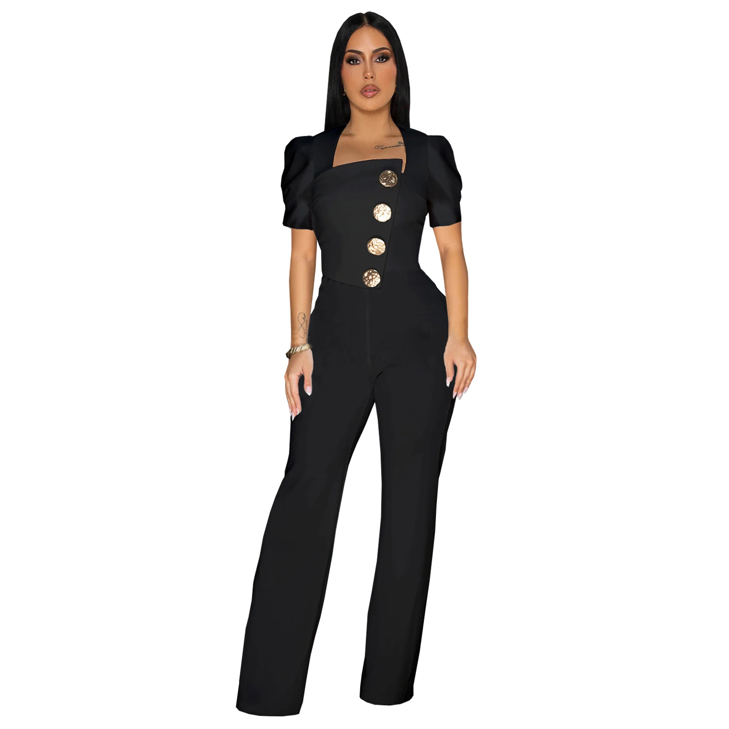 C7378 Cross-border AliExpress Amazon Ropa de mujer de moda europea y americana Botón grande Mono deportivo de pierna ancha de manga corta Nuevo image 7