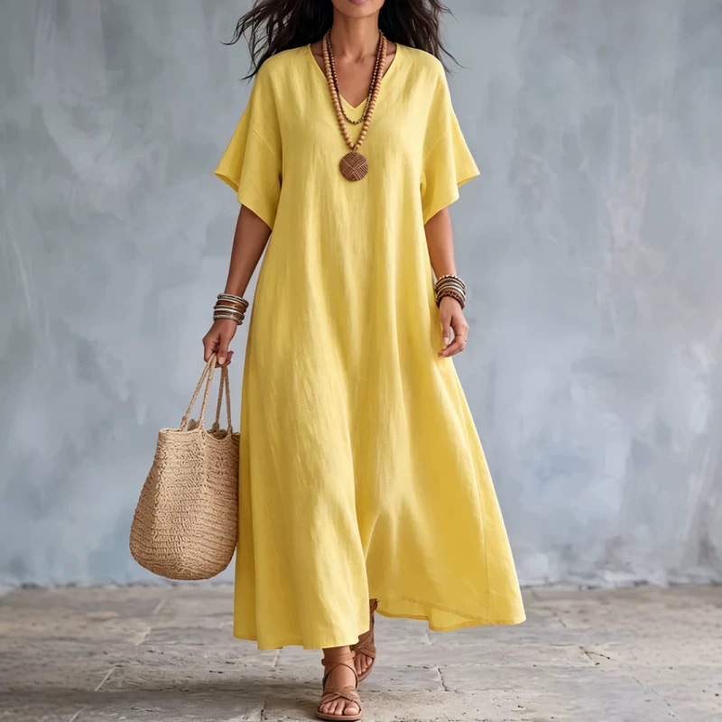 European and American style V-neck loose dress for women, summer solid color long vacation-style beach dress, plus size slimming and flowy dress