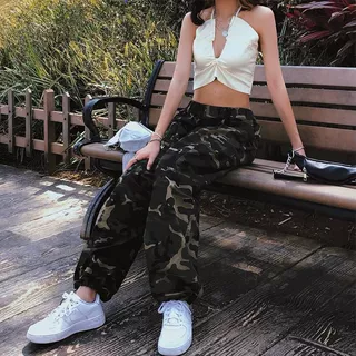 复古迷彩国潮工装裤女2022秋季 薄ins潮美式高街hiphop直筒束脚裤