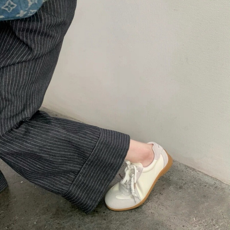 牛皮版~复古德训鞋女拼色系带圆头休闲运动板鞋百搭增高阿甘鞋女|undefined