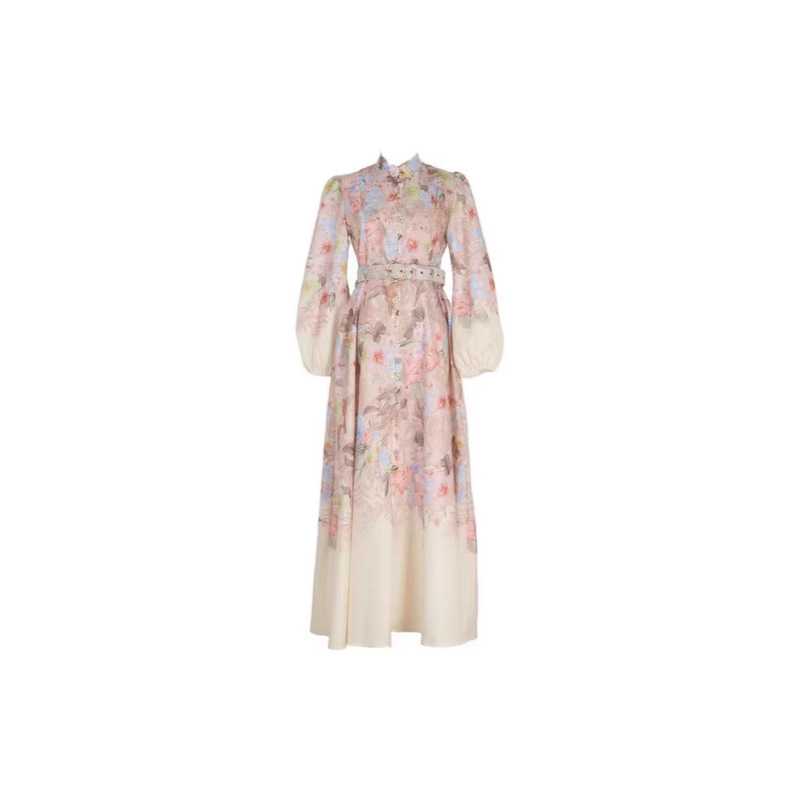 2026 New Style Casual Retro Exquisite Single-Breasted Stand-Collar A-Line Dress Ultra-Long Dress with Colorful Print