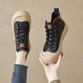 真皮高帮鞋女英伦风2025年秋冬季新款韩版百搭厚底复古贝壳头短靴