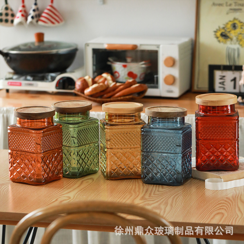 Nuevo vidrio de colores chino sellado de latas de palacio cocina cuadrada granos de café almacenamiento de granos al por mayor