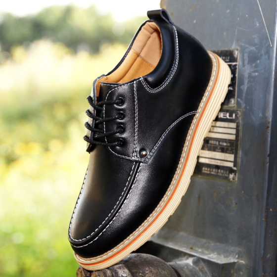 Men's Casual Business Korean-style All-match Genuine Leather Height-raising Round Toe Lace-up Low-top Shoes