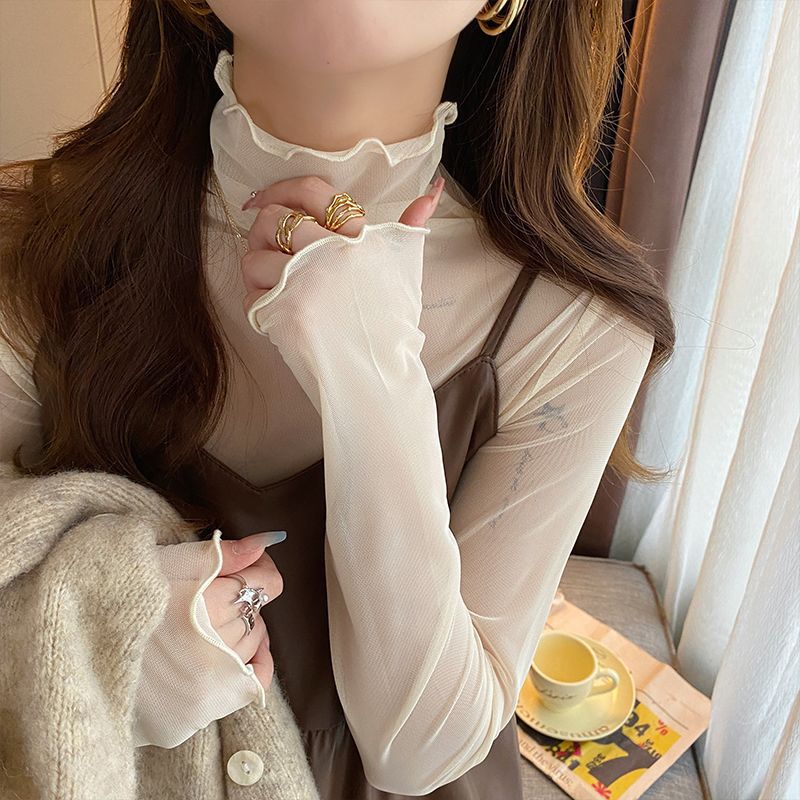 Lace Bottoming Shirt for Women, New Style Mesh Top, Half Turtleneck, Long Sleeves, Autumn Slimming Gauze Shirt