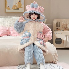 儿童睡衣套装2025新款冬季三层夹棉加绒加厚珊瑚绒女宝软萌家居服
