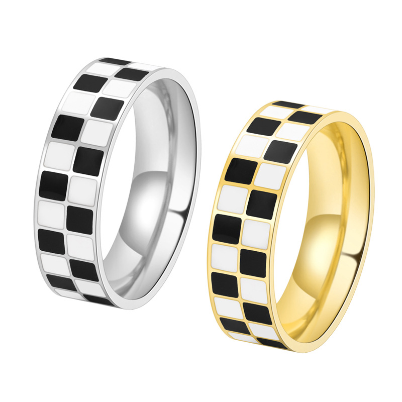 Stainless Steel Simple Style Geometric Checkered Enamel Rings display picture 6