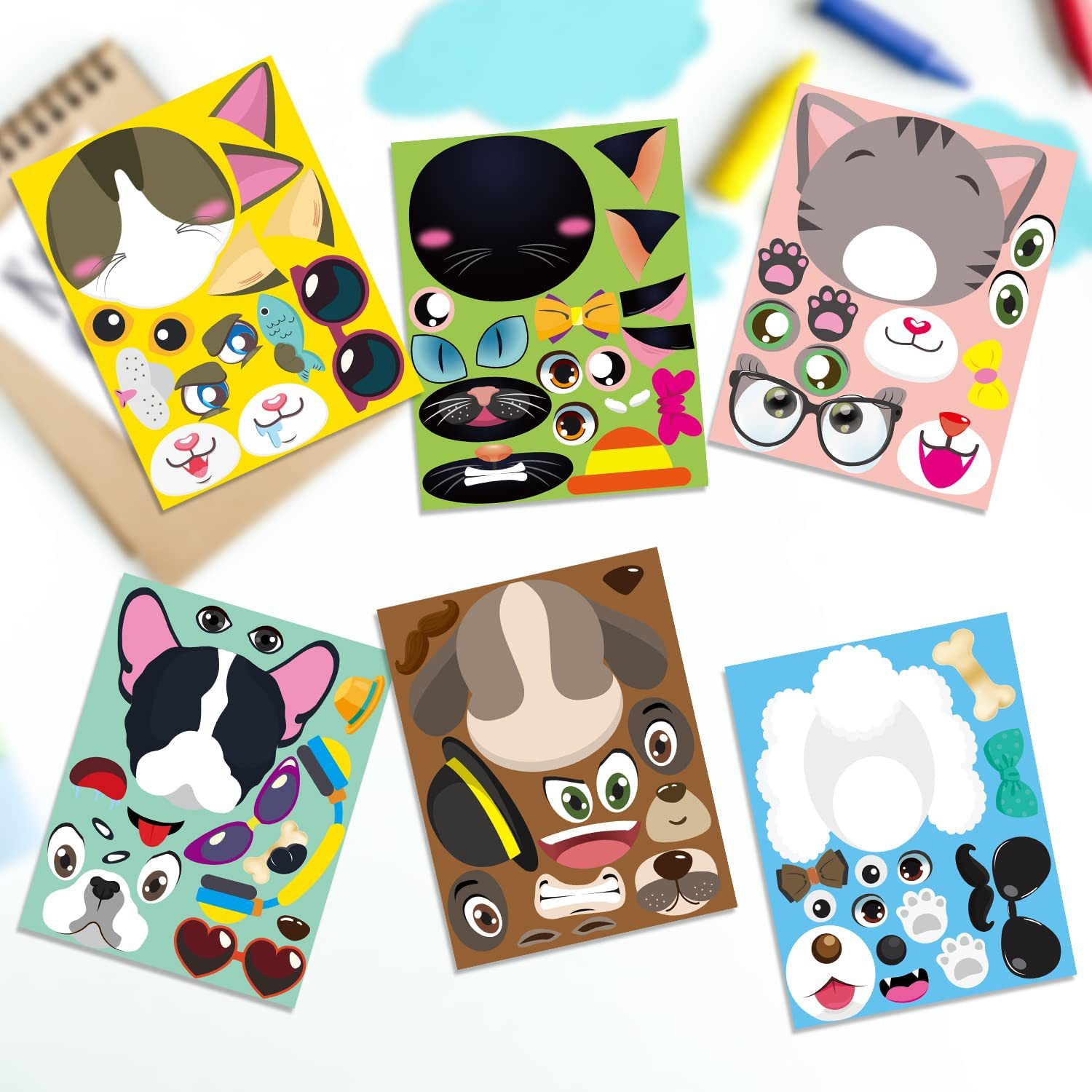6 hojas/set perro y gato niños pegatinas DIY perro y gato pegatinas, pegatinas de juguete para niños adhesivo