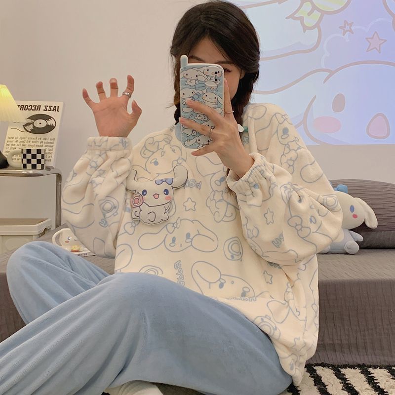 睡衣女秋冬季珊瑚绒加厚保暖韩版束口卡通可爱法兰绒家居服套装女|undefined