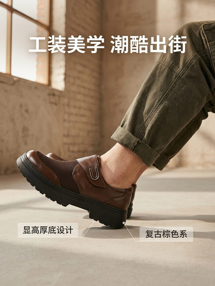Giày lười nam da thật phối lưới thoáng khí, đế dày 3 cm chống trượt, gót thấp — Màu cà phê, màu đen chi tiết 8